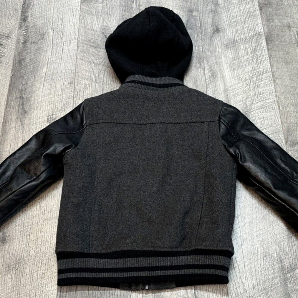 Urban Republic Wool Faux Leather Hooded Jacket Boys Medium 5-6 Black Biker - Picture 3 of 13